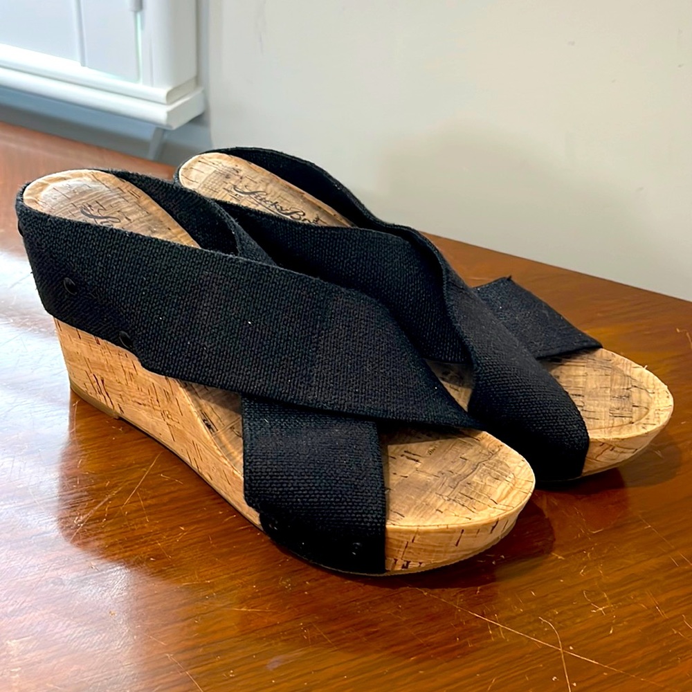 Lucky brand black cork platform wedges